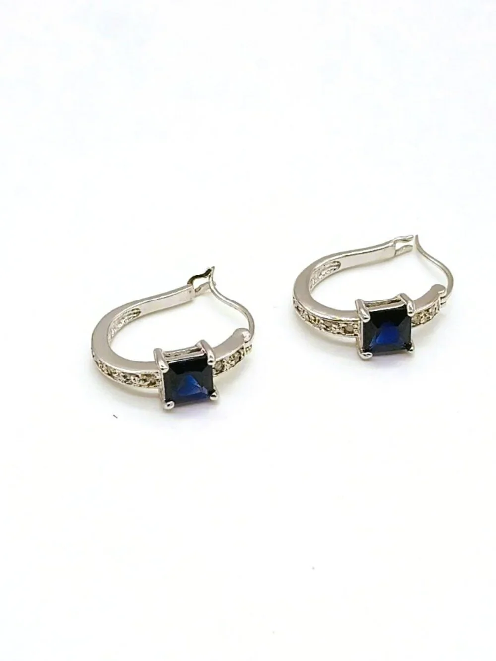 London Blue Topaz Leverback Earrings Emerald-Cut Solitaire Silver Tone